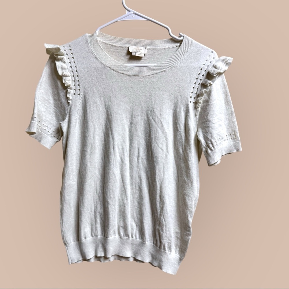 Kate Spade Ruffle Sleeve Knit Top Ivory Cashmere Cotton Blend Medium